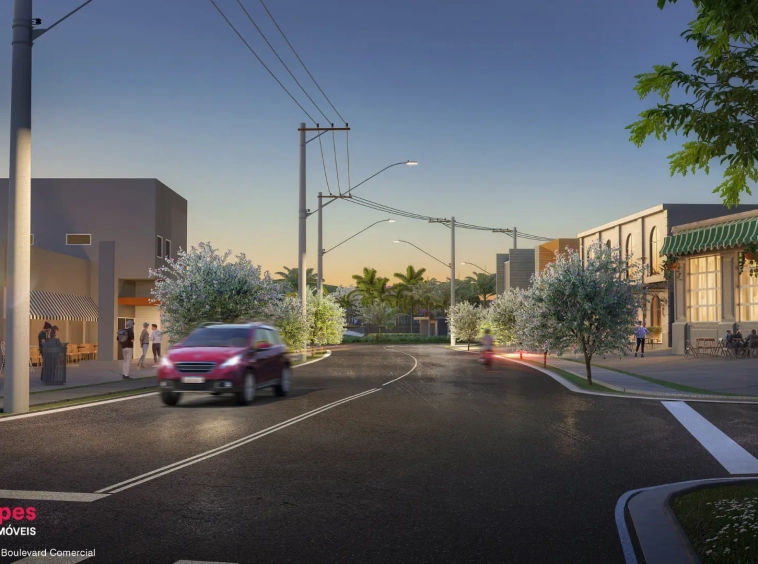 Vista do boulevard do Condomínio Fechado Origem Mogi com lotes disponíveis