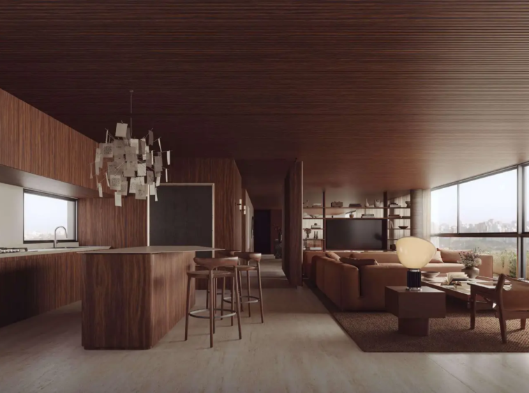 Sala integrada do CLARA Jardins – living com pé-direito duplo Bernardes Arquitetura