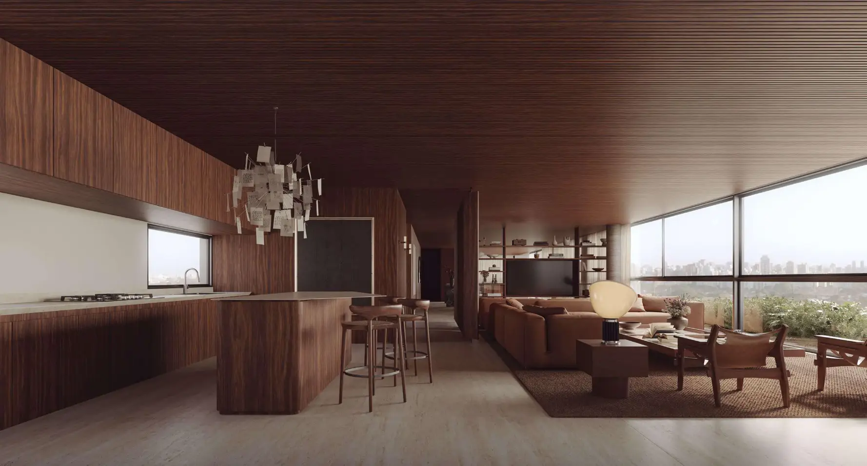 Sala integrada do CLARA Jardins – living com pé-direito duplo Bernardes Arquitetura