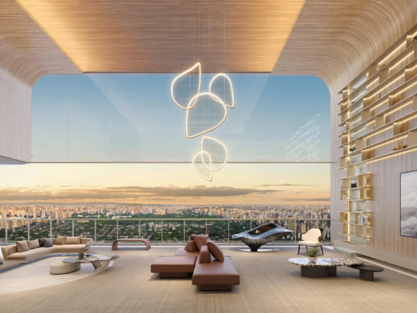 Living do duplex Epic Jardim Europa – casa suspensa 536m² a 637m² Pininfarina Cyrela