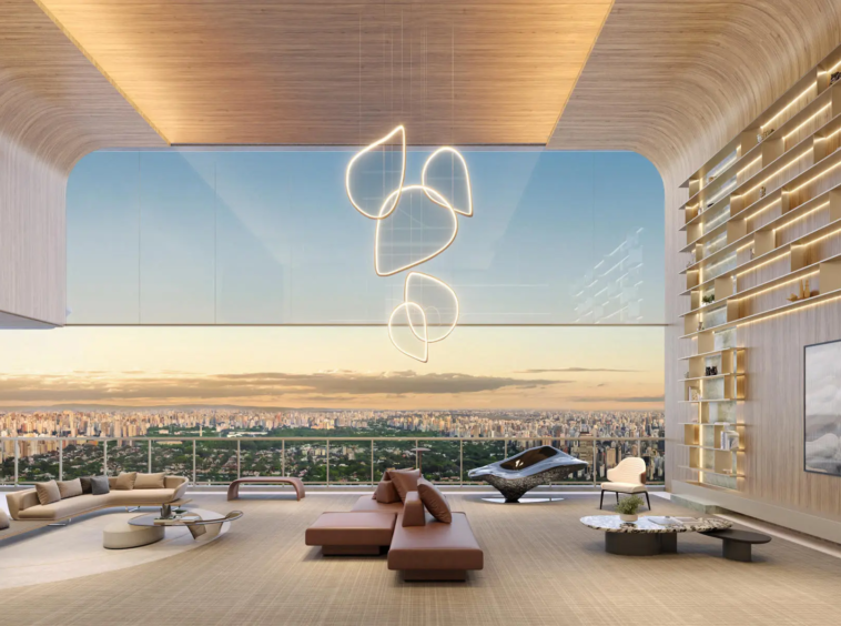 Living do duplex Epic Jardim Europa – casa suspensa 536m² a 637m² Pininfarina Cyrela