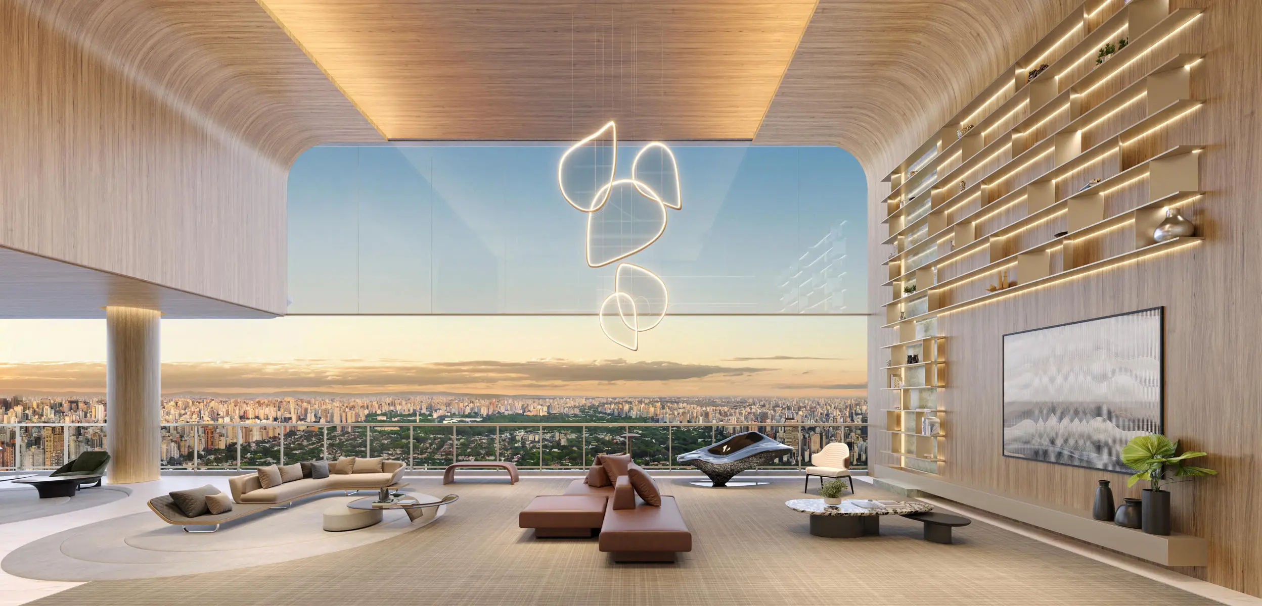Living do duplex Epic Jardim Europa – casa suspensa 536m² a 637m² Pininfarina Cyrela