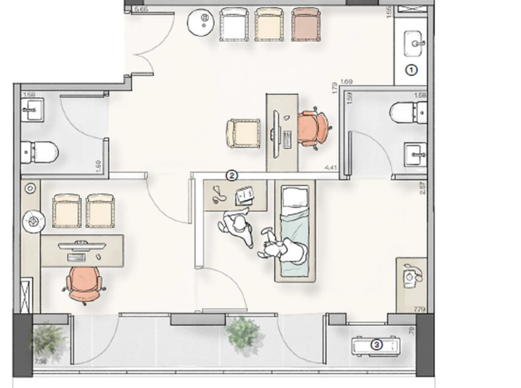 Planta consultório 73m² Lumi Idea!Zarvos – espaço procedimento Jardins SP