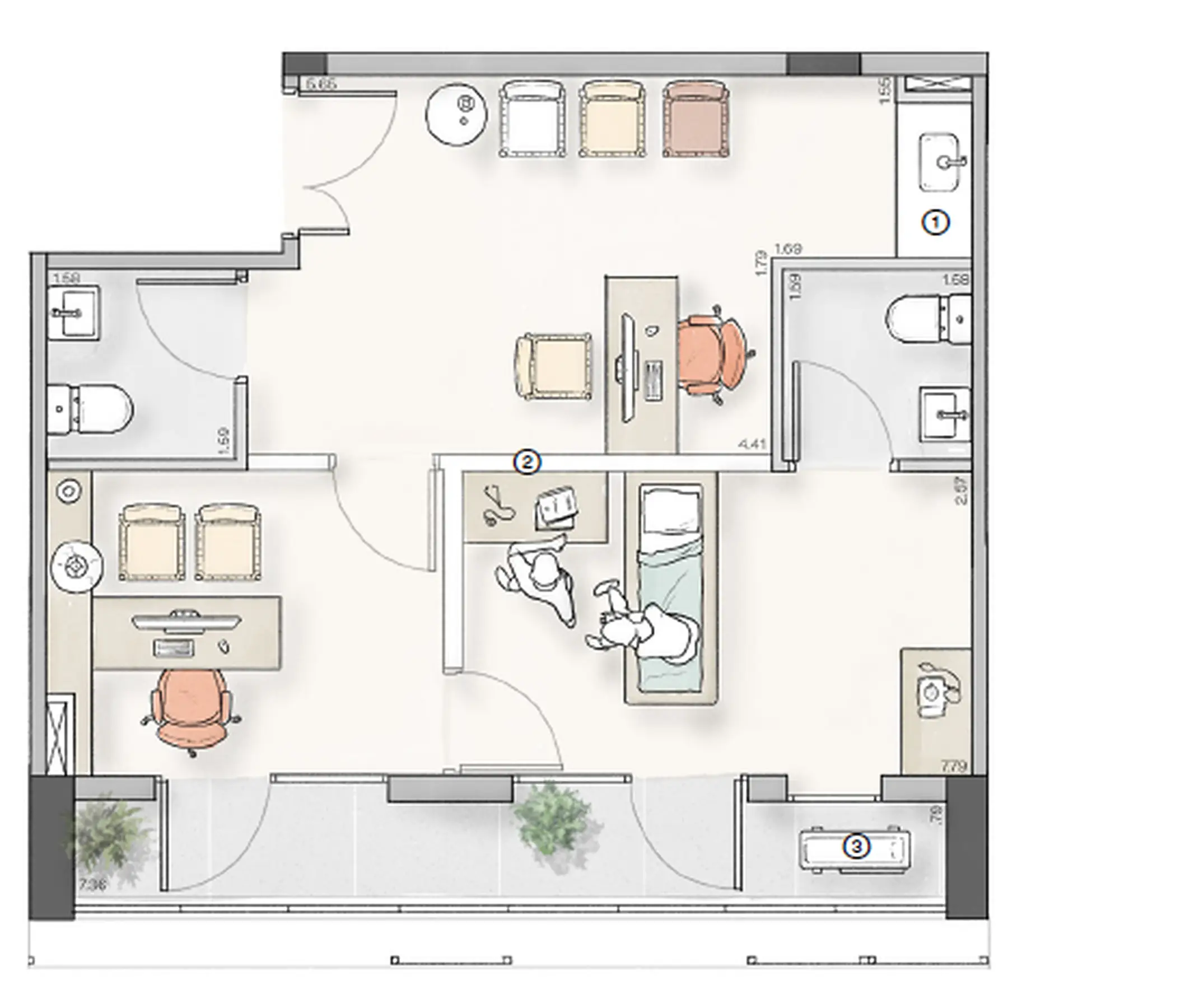 Planta consultório 73m² Lumi Idea!Zarvos – espaço procedimento Jardins SP