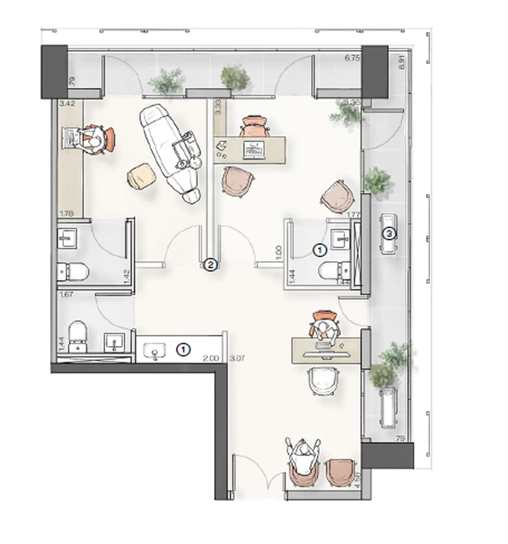 Planta consultório 54m² Lumi Idea!Zarvos – Andrade Morettin Alameda Franca Jardins