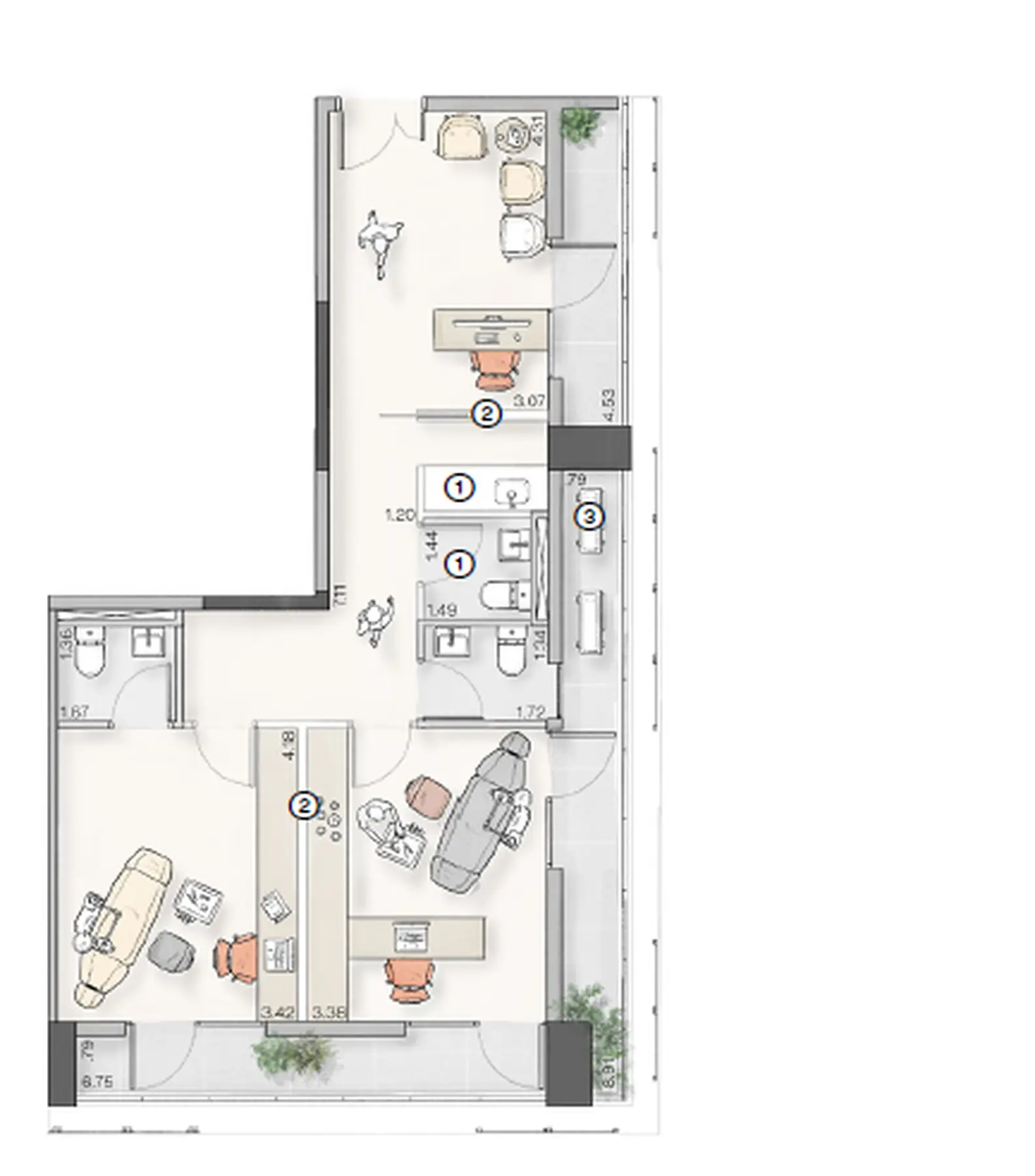 Planta consultório 51m² Lumi Idea!Zarvos – sala médica Jardins São Paulo