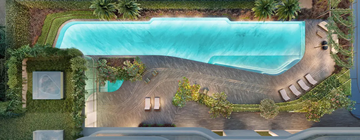 Piscina descoberta do Epic Jardim Europa – lazer 8º pavimento Cyrela Pinheiros