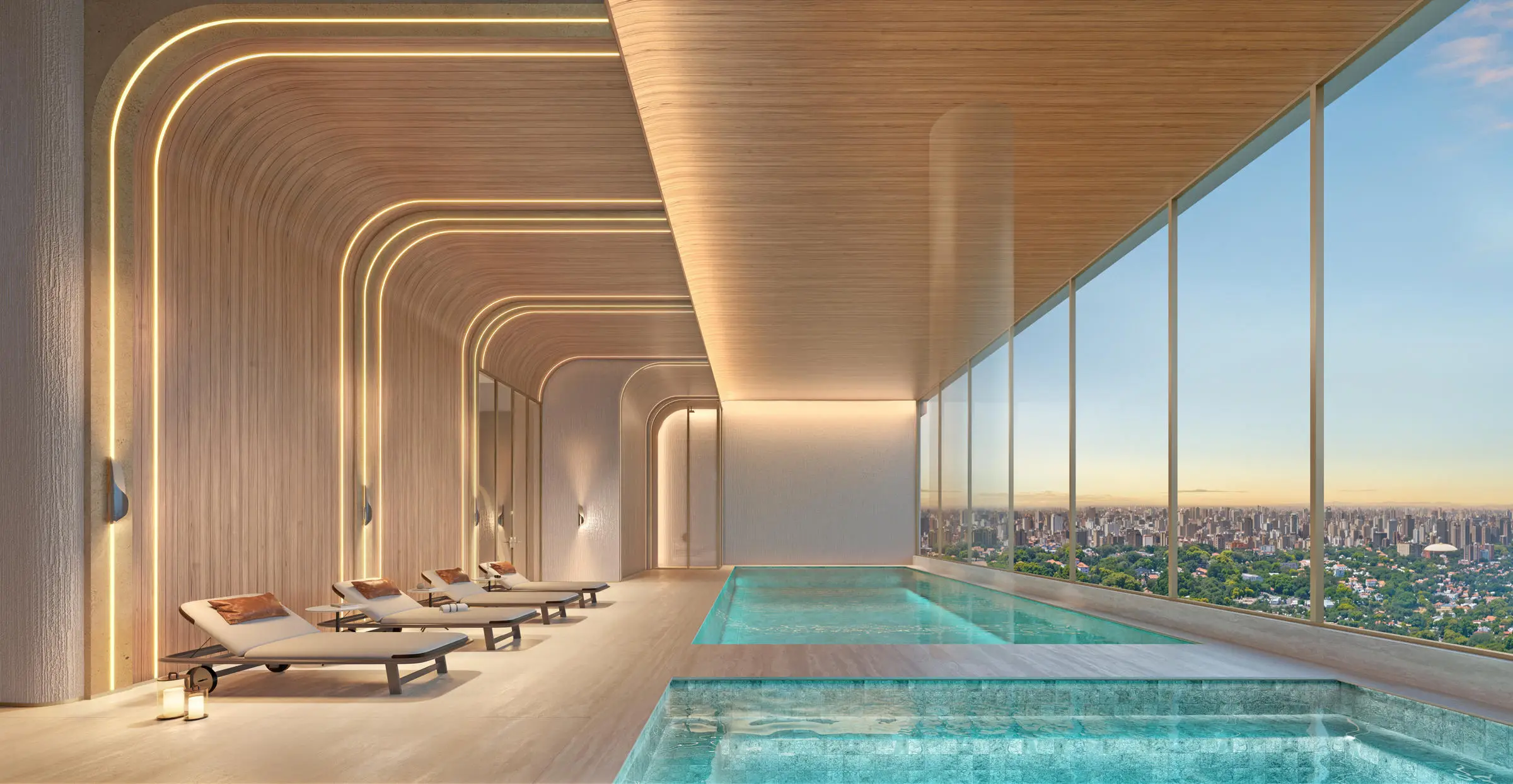 Piscina coberta panorâmica no 51º andar Epic Jardim Europa – vista skyline SP