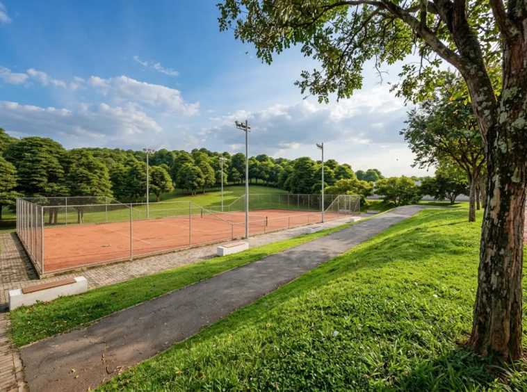Quadra tenis do Reserva Aruã Scopel cercado de área verde no Aruã Mogi das Cruzes SP