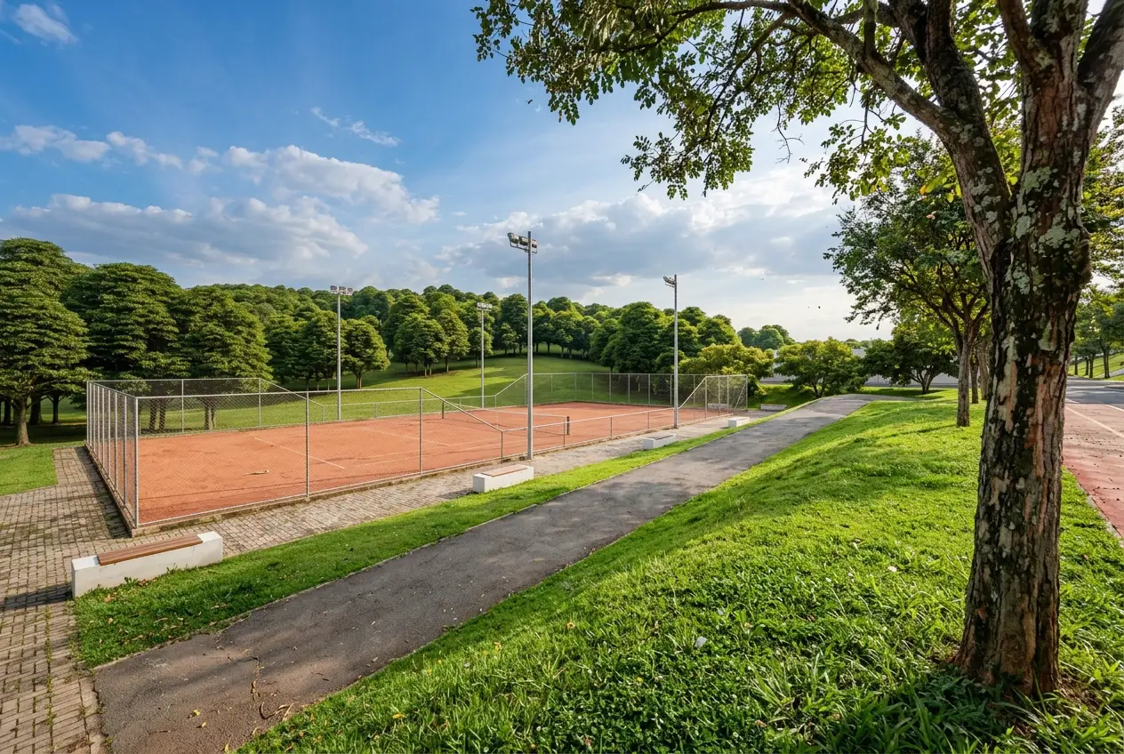 Quadra tenis do Reserva Aruã Scopel cercado de área verde no Aruã Mogi das Cruzes SP